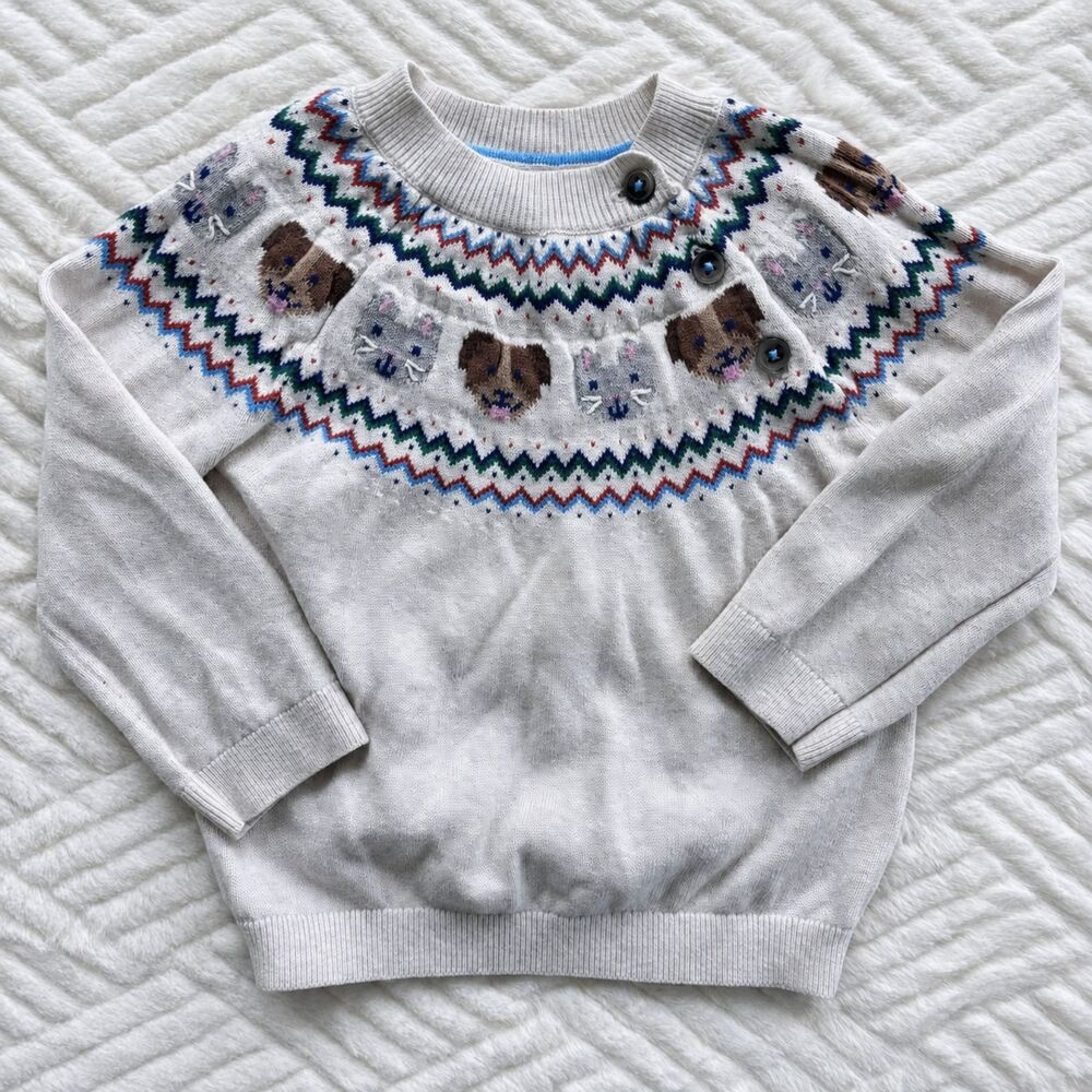 Baby Boden Toddler Size 12-18M Ivory Fair Isle Dog Bunny Cotton Knit Sweater Top